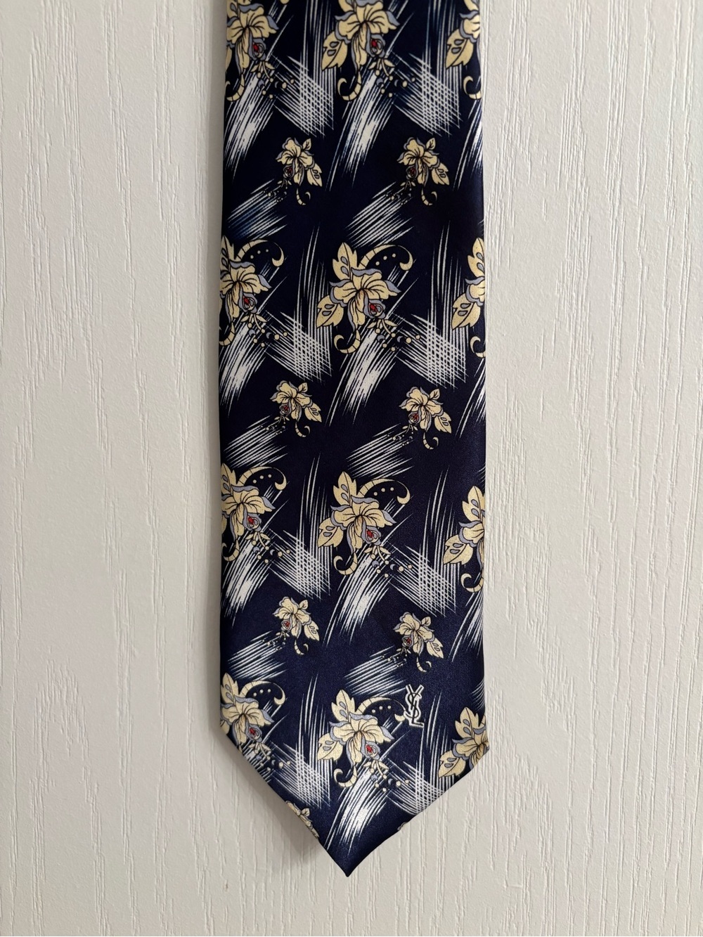 Yves Saint Laurent Navy Silk Tie with Cream Floral Motif